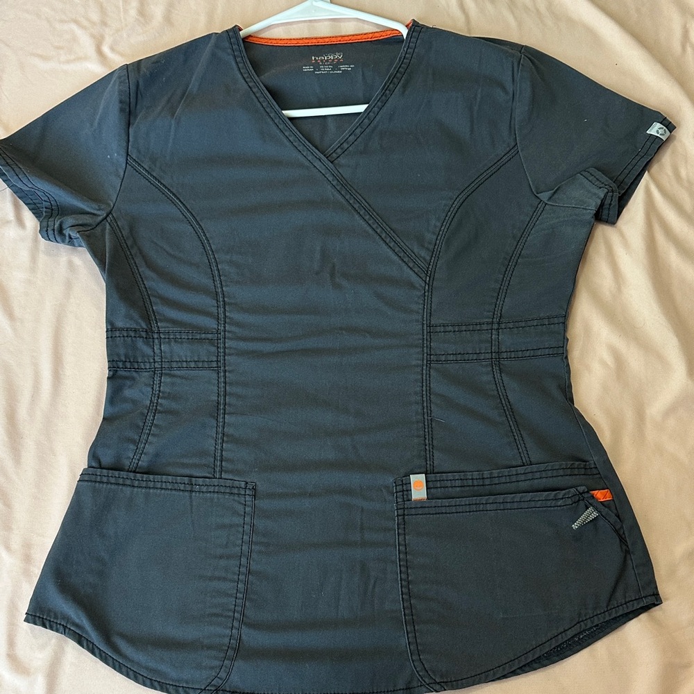 Cherokee Women's Dark Gray Scrub Top with Orange Accents